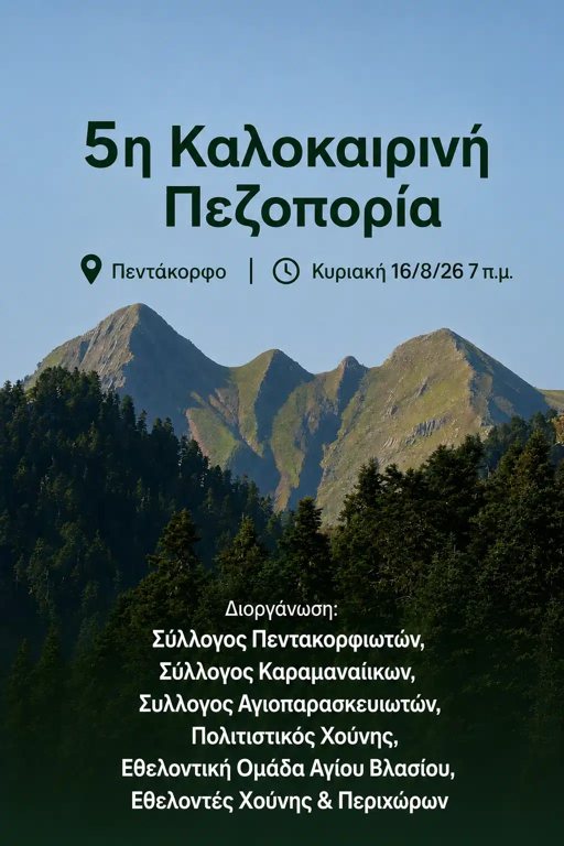 Πεζοπορία την Κυριακή 16-8-2026 στο Πεντάκορφο Αγρινίου