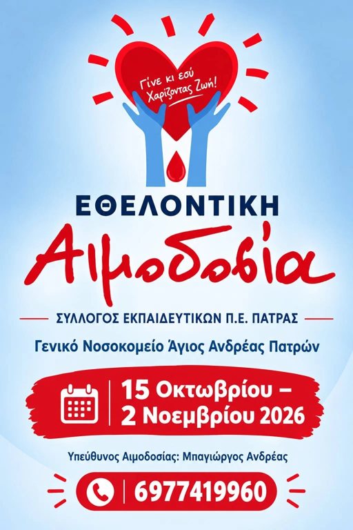 Πάτρα: Δεκαπενθήμερο εθελοντικής αιμοδοσίας από τους δασκάλους και νηπιαγωγούς – Πού και πότε θα γίνει